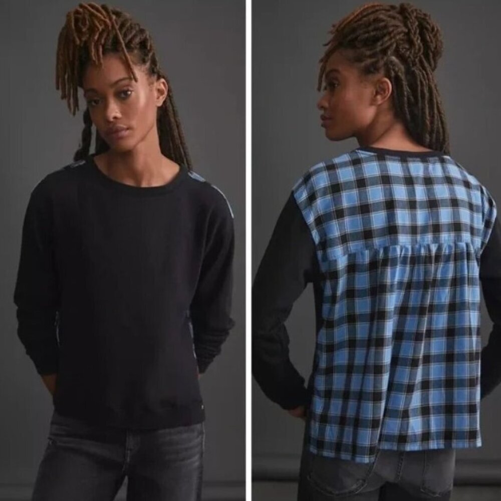 Anthropologie Pilcro Contrast Mixed Media Flannel Sweatshirt Size S